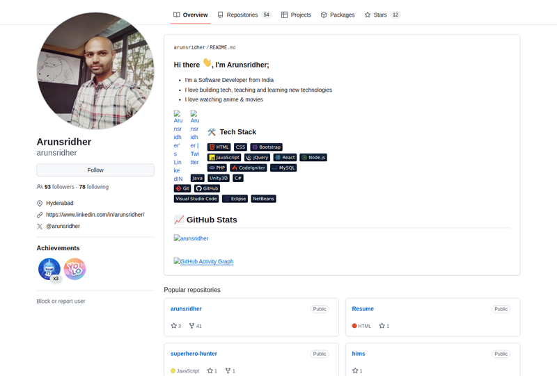 arunsridher's GitHub profile screenshot