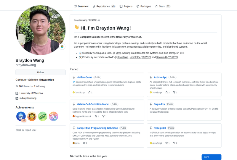 braydonwang's GitHub profile screenshot