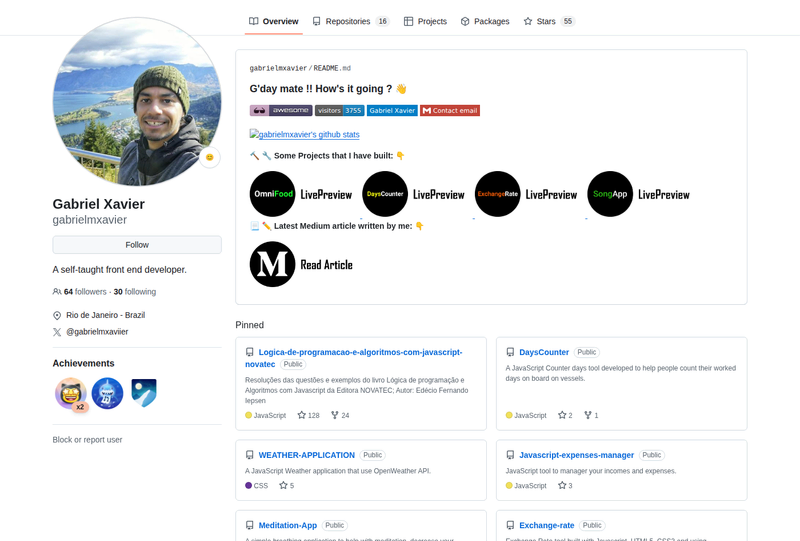 gabrielmxavier's GitHub profile screenshot