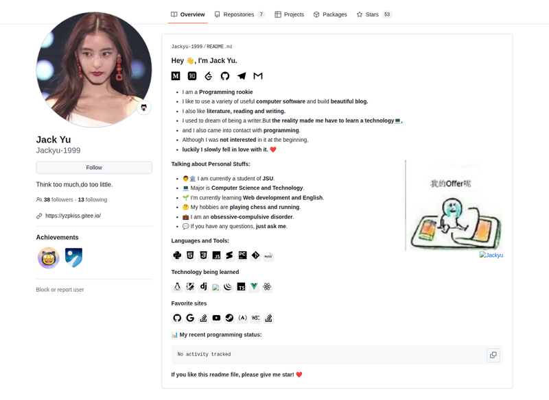 Jackyu-1999's GitHub profile screenshot