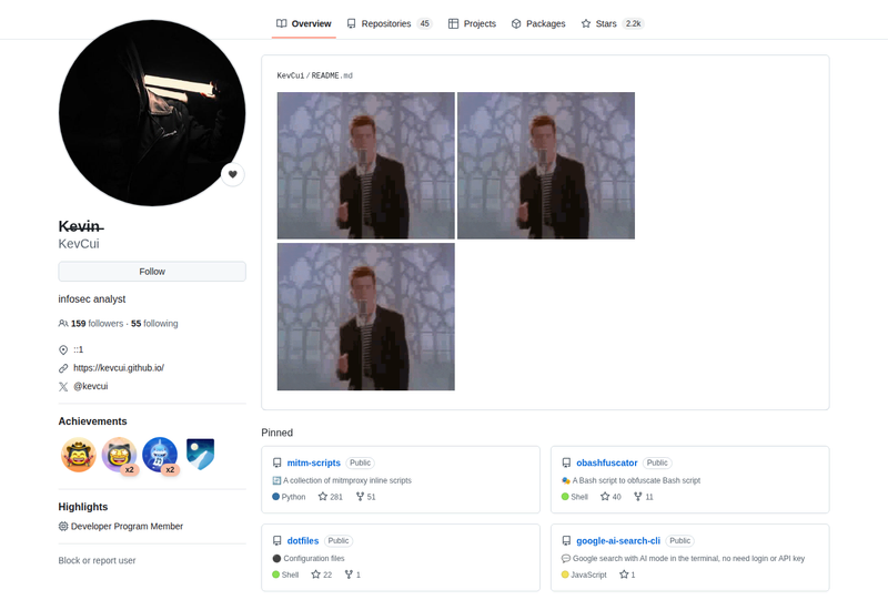 KevCui's GitHub profile screenshot