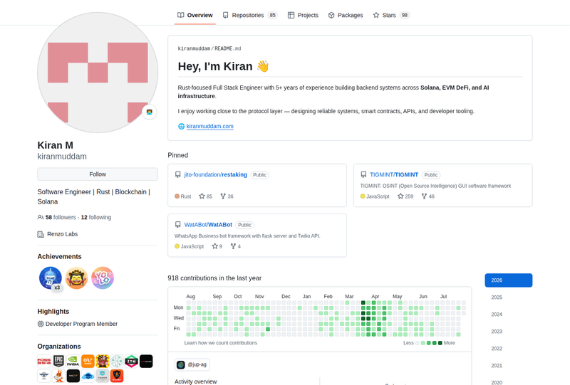 kiranmuddam's GitHub profile screenshot