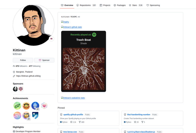 kittinan's GitHub profile screenshot