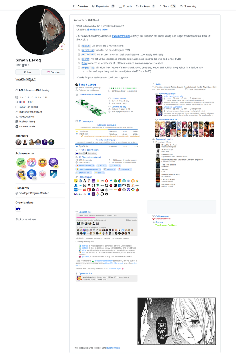 lowlighter's GitHub profile screenshot