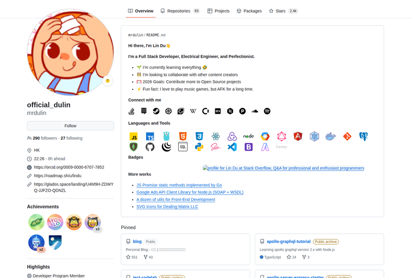 mrdulin's GitHub profile screenshot