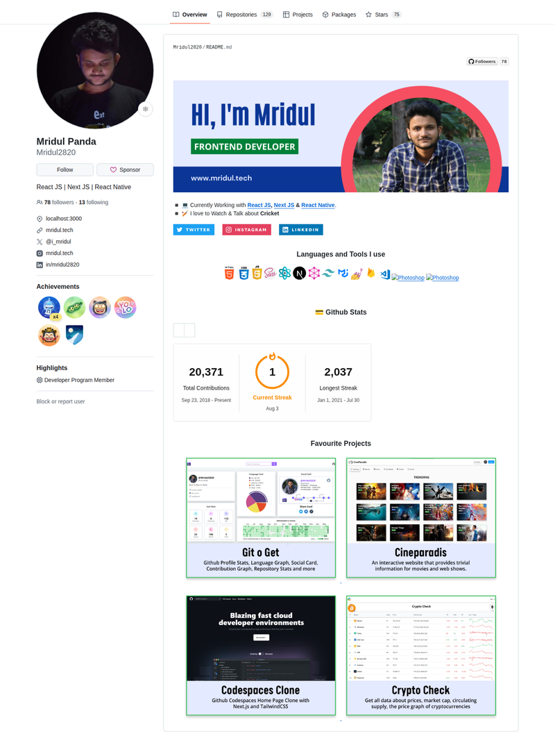 Mridul2820's GitHub profile screenshot