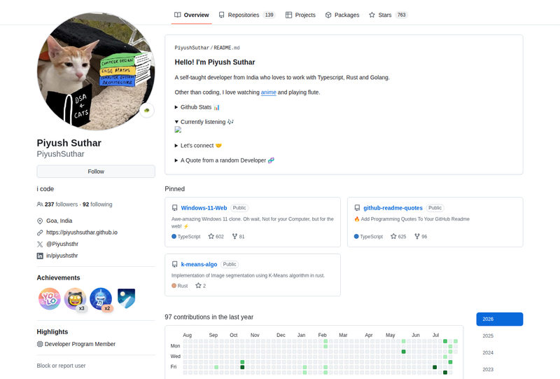 piyushsuthar's GitHub profile screenshot