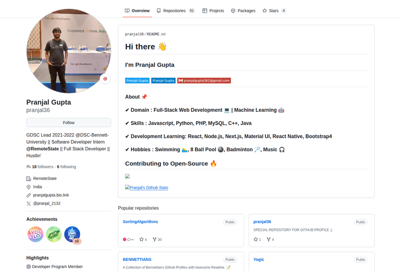 pranjal36's GitHub profile screenshot