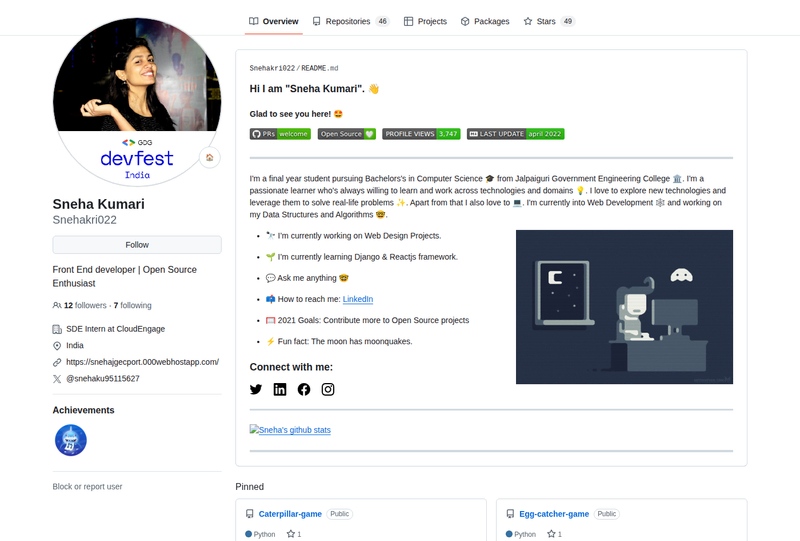 Snehakri022's GitHub profile screenshot