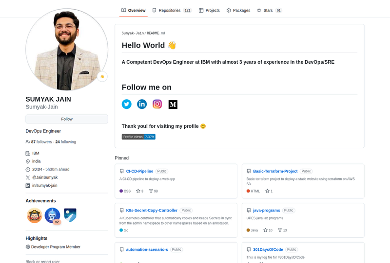 Sumyak-Jain's GitHub profile screenshot