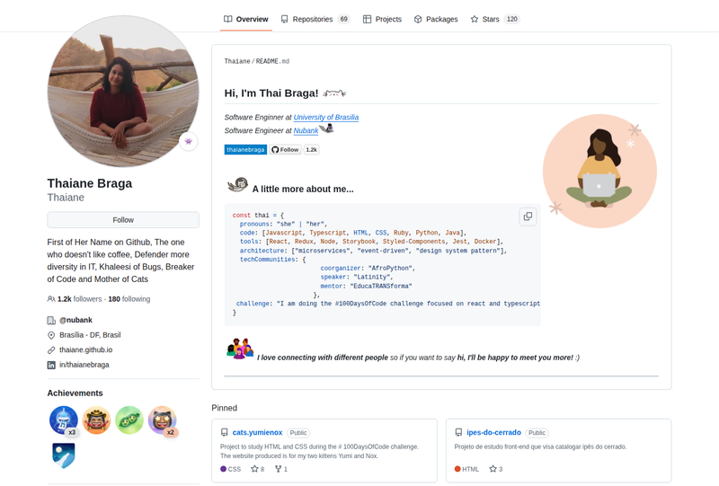 Thaiane's GitHub profile screenshot
