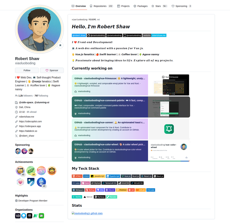xiaoluoboding's GitHub profile screenshot
